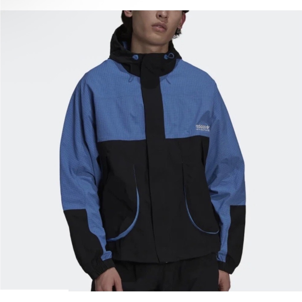 Men’s Adidas Woven Adventure Full Zip Blue and Black Windbreaker Jacket Sz Large